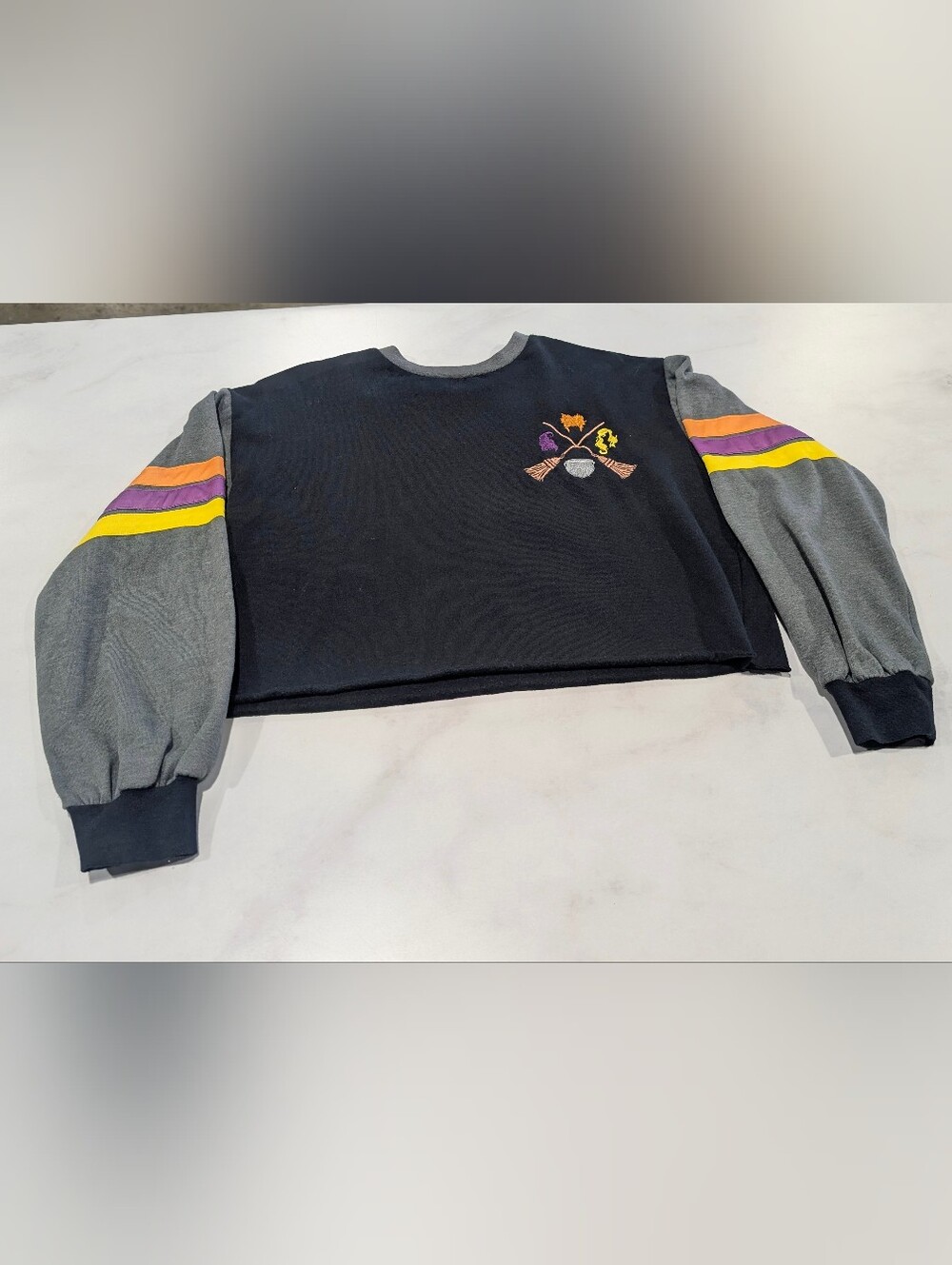 Women's Hocus Pocus Black Cropped Sweatshirt with Colorful Sleeve Stripes